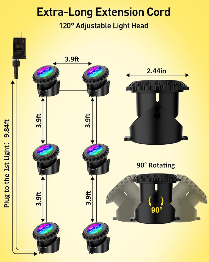 T-SUN LED Pond Lights Underwater, Color Changing Submersible Fountain Lights with APP Control, Waterproof Spotlight with 16 Million Colors, Timing, Music Sync (RGB, 6-Head) - Image 2